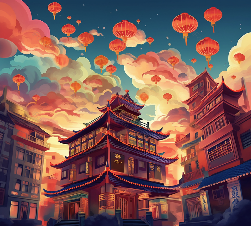 灯笼升空广角城市国风古代繁华建筑傍晚祥云壮观新中式插画,插画/手绘图,插画/手绘图库,插画/手绘图下载,插画/手绘